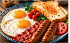 Egg, sausage and bacon with toasts