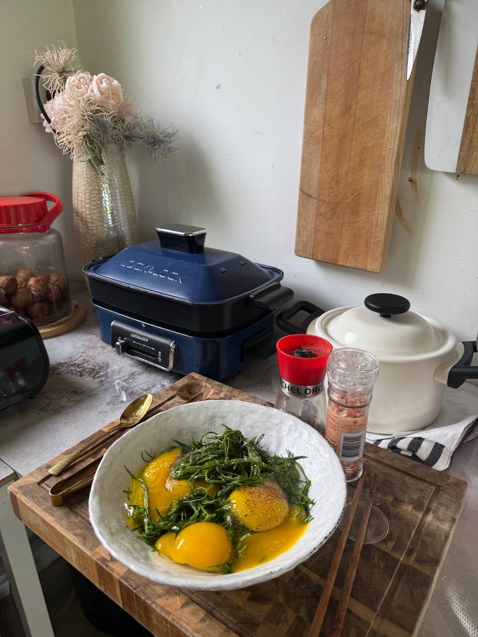 Fresh eggs and herbs in the kitchen