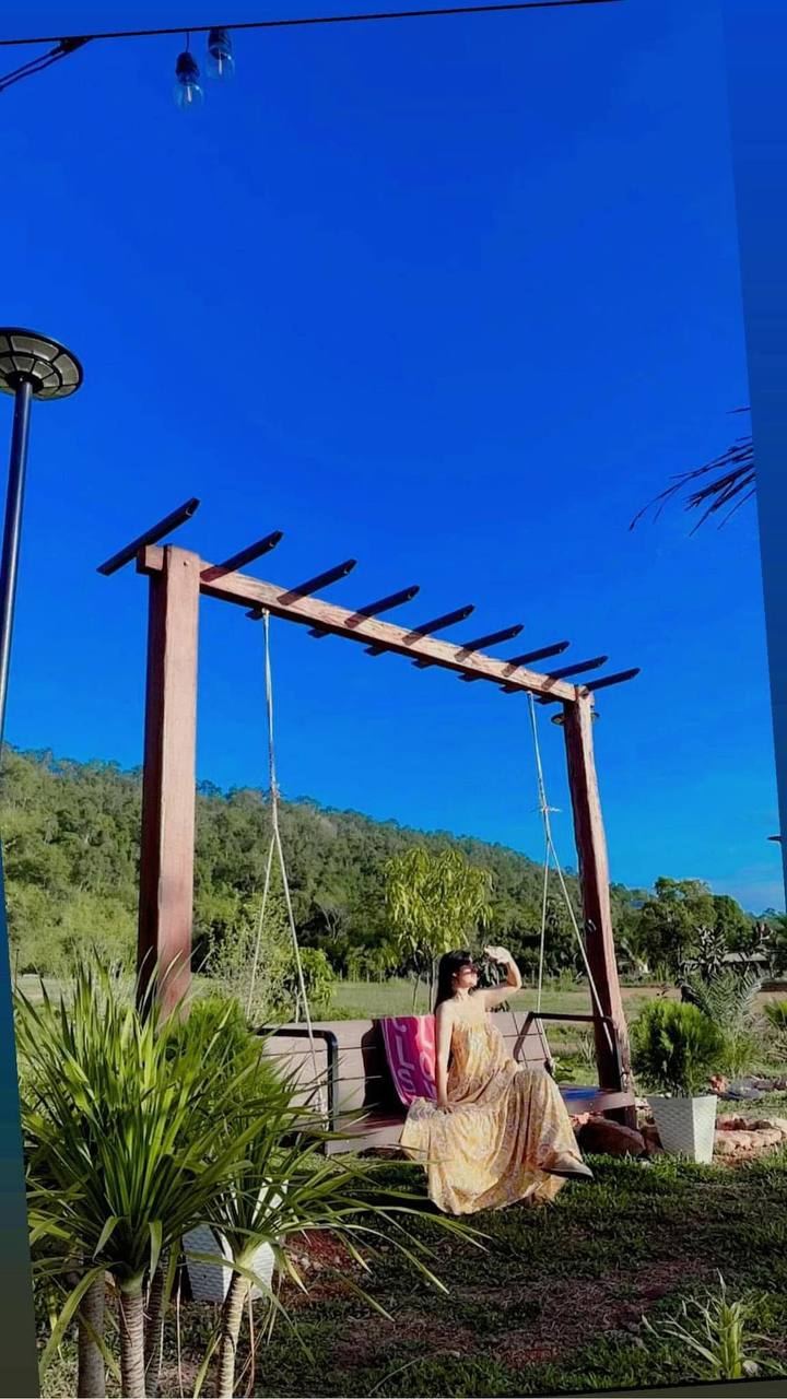 Garden swing with mountain views