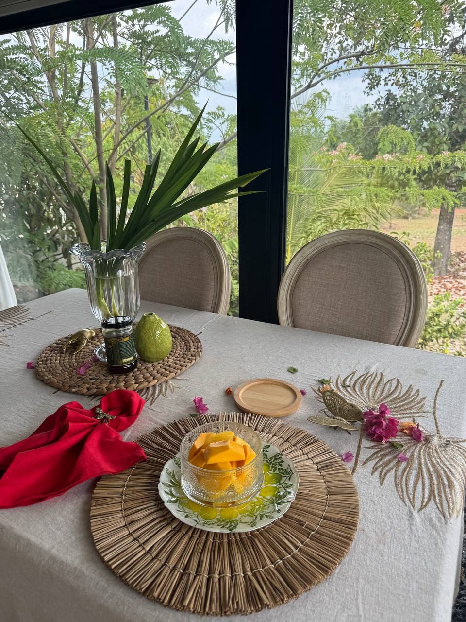 Breakfast table by the garden windows